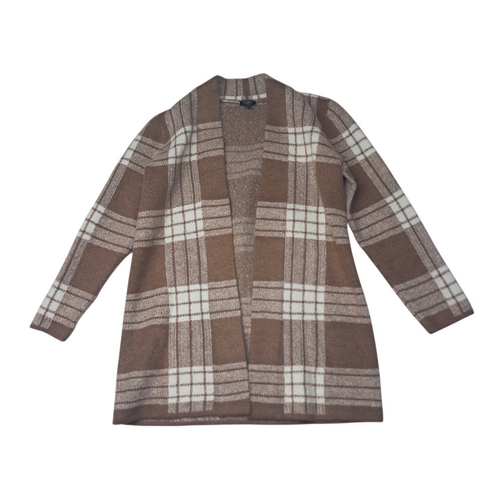 Talbots Cardigan Sweater Women's Petite Small Brown Plaid Open Long Preppy Cozy‎